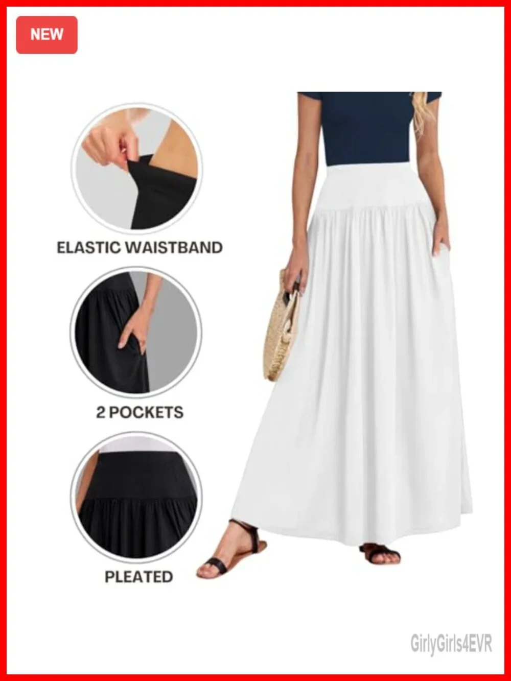 Maxi Skirt with Pockets Elastic Waist A-Line Long Skirt